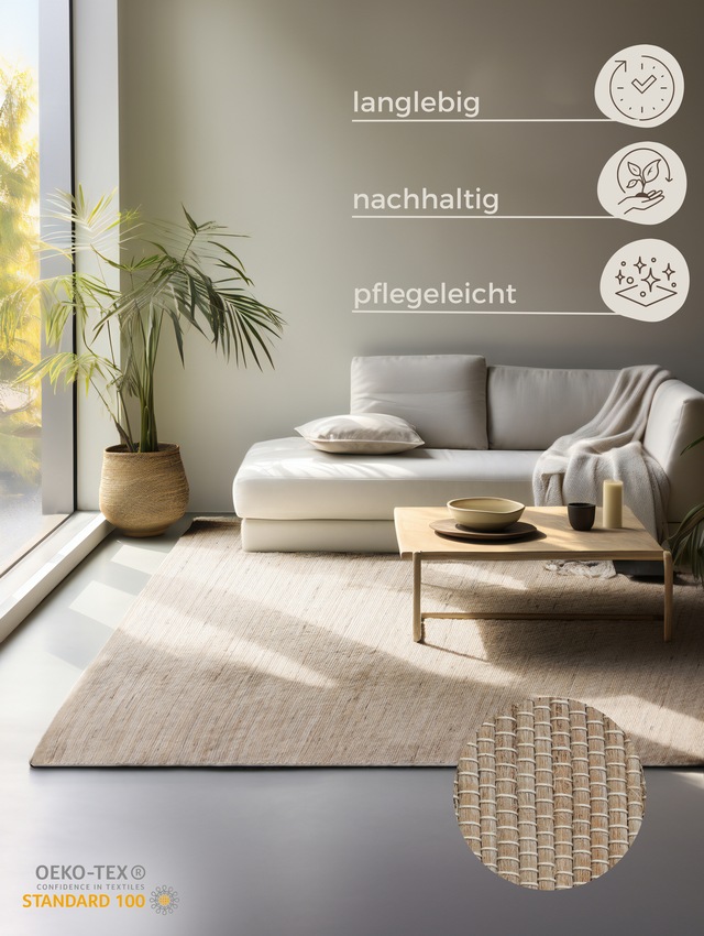HANSE Home Teppich »Dhaka Juteteppich« rechteckig 5 mm Höhe Läufer, handgewebt, Jute, Wolle, Natur, Wohnzimmer, Flur, Klassisch
