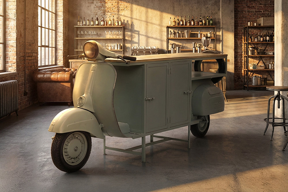 Extravaganter Barschrank SCOOTER 250cm salbei Retro-Konsole Motorroller mit Mangoholz Upcycling