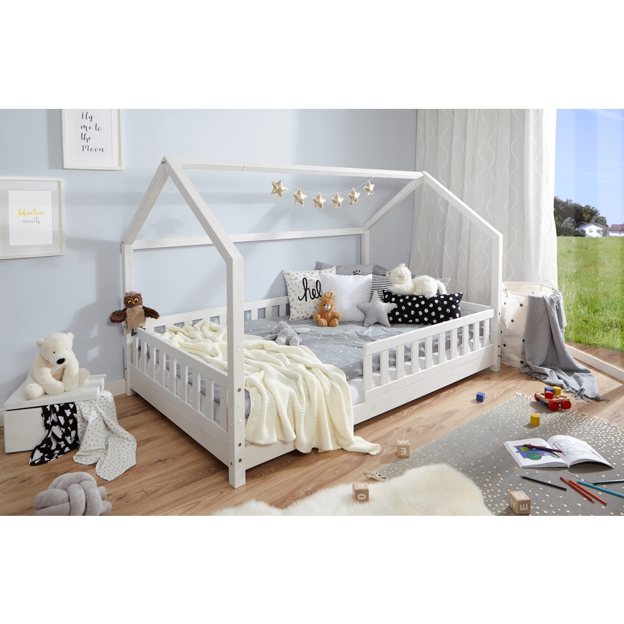 TICAA Kinderbett Hausbett Kay 120x200 Kiefer weiß Weiß