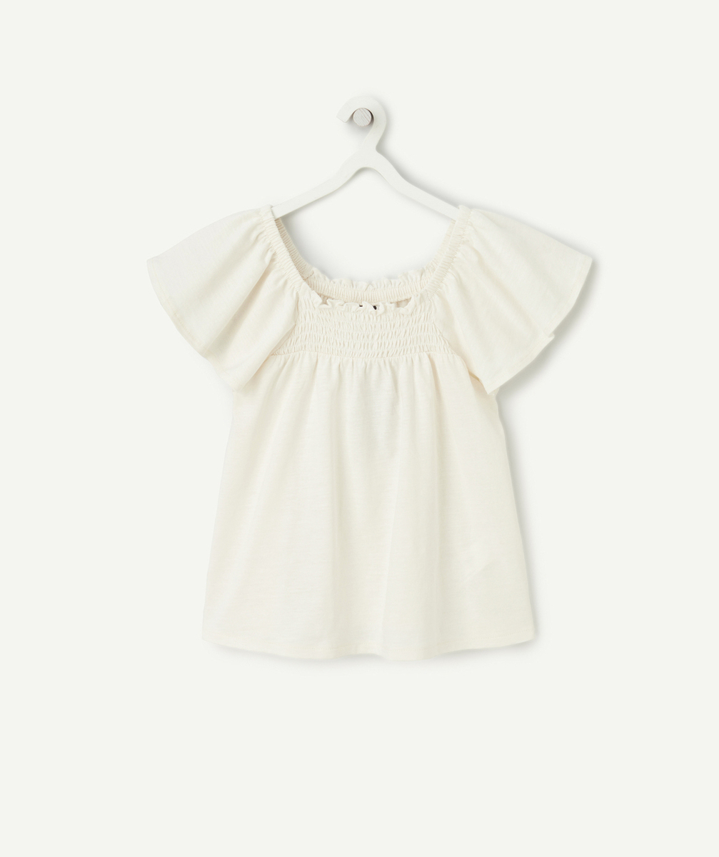 t-shirt fille en coton biologique écru avec col bardot et volants