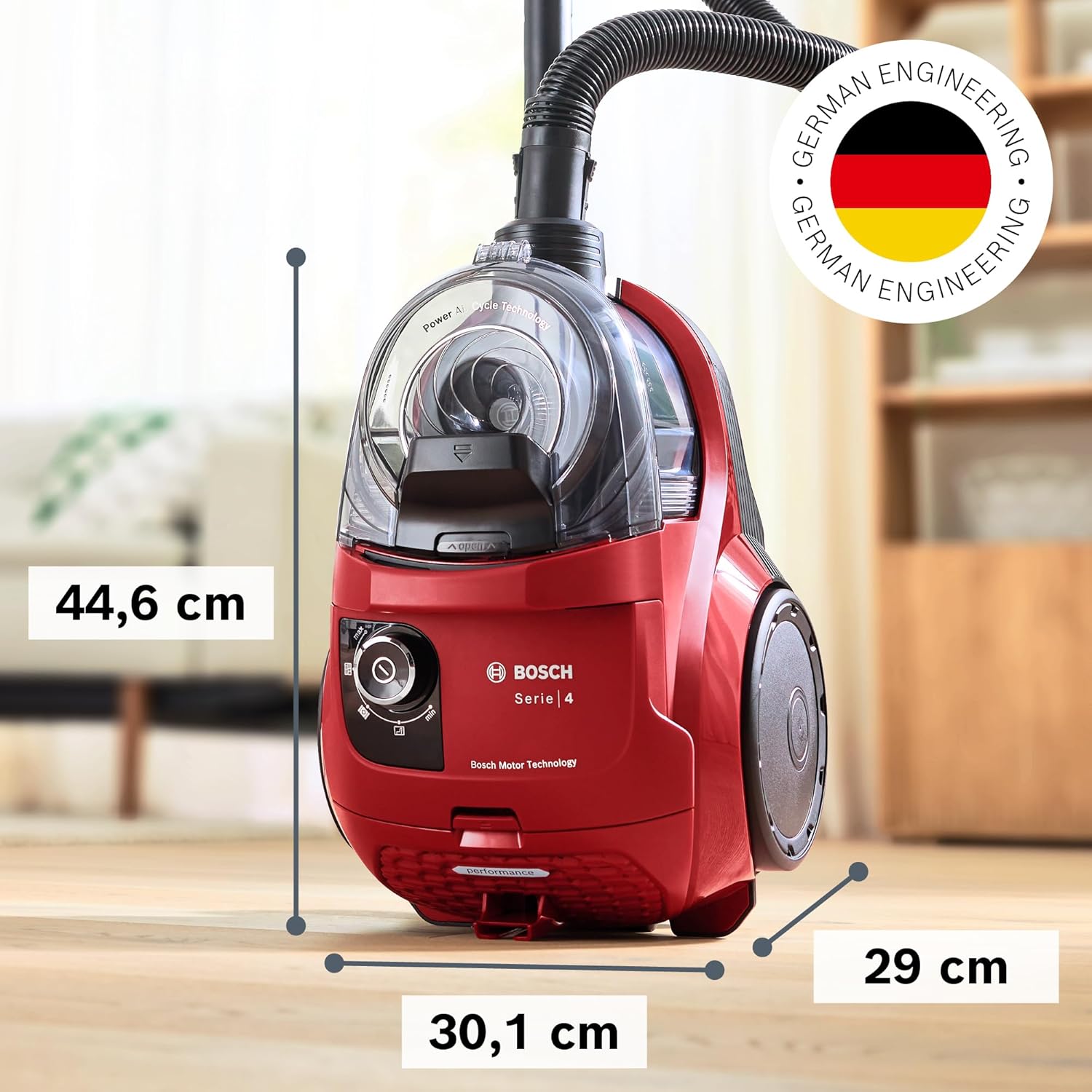 Bosch Staubsauger beutellos Serie 4 BGS21CAR, Hygiene-Filter, 10 Jahre Motorgarantie, XXL-Polsterdüse, XXL-Fugendüse, Mini-Turbo-Düse, Fahrzeug-Innenreinigung, hohe Saugkraft, kompakt, 750 W, rot
