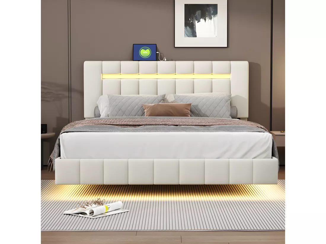 Lit rembourré en lin - 160x200cm - avec éclairage LED et Ports de charge USB - Beige