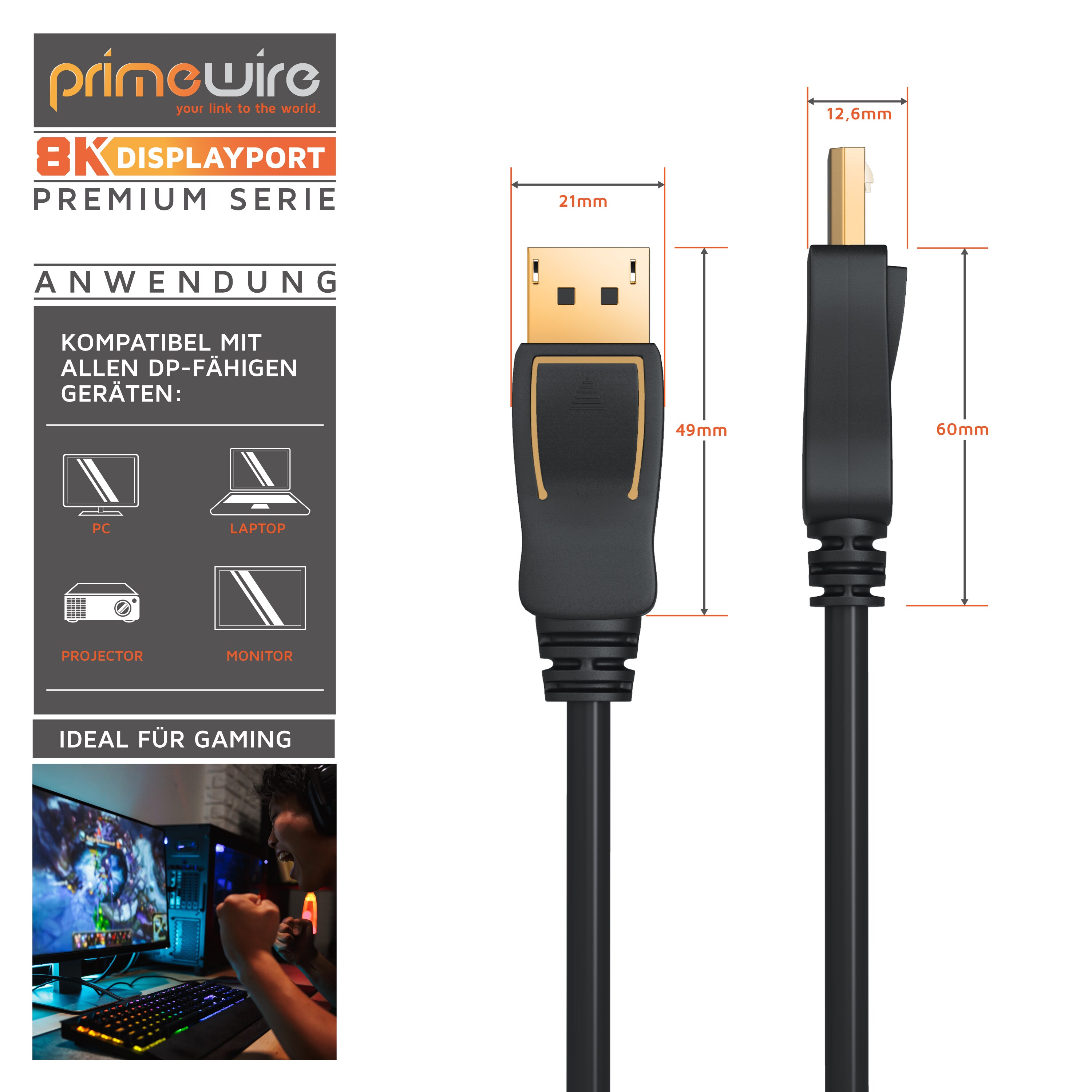 Primewire Premium DisplayPort auf DisplayPort Kabel 8K 7680 x 4320 @ 60 Hz mit DSC - 2m