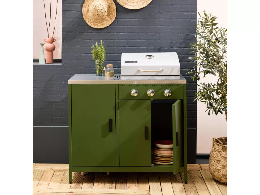 Barbecue gaz 3 brûleurs. vert. 3 portes et 2 espaces de rangement