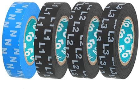 CIMCO Fasemarkeringsæt indeholder en rulle trykt PVC-tape af hhv. L1, L2, L3, N og grøn/gul.