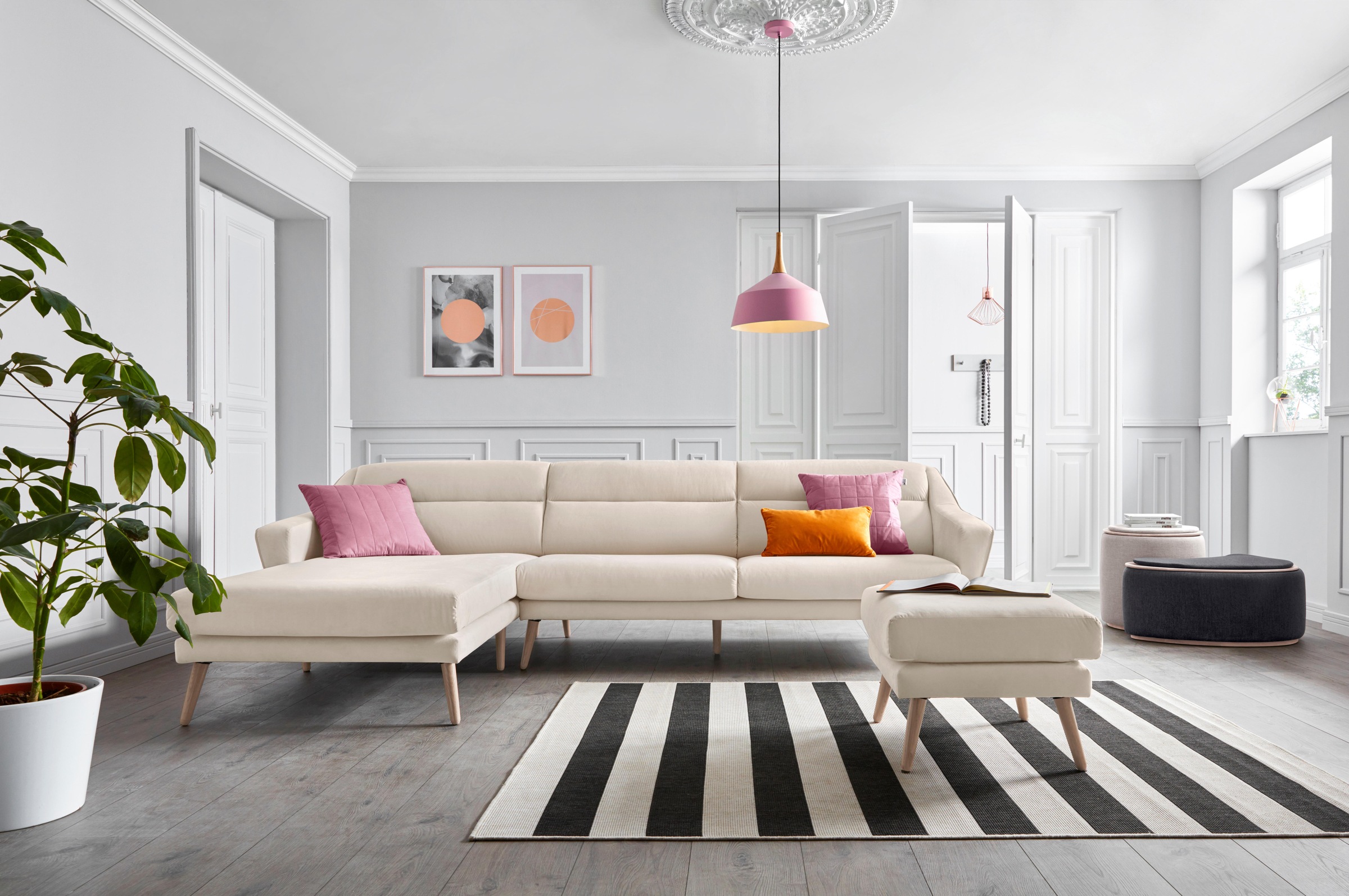 GOODproduct Ecksofa »Bille L-Form« mit Naht im Rückenkissen und Beinen aus Eichenholz