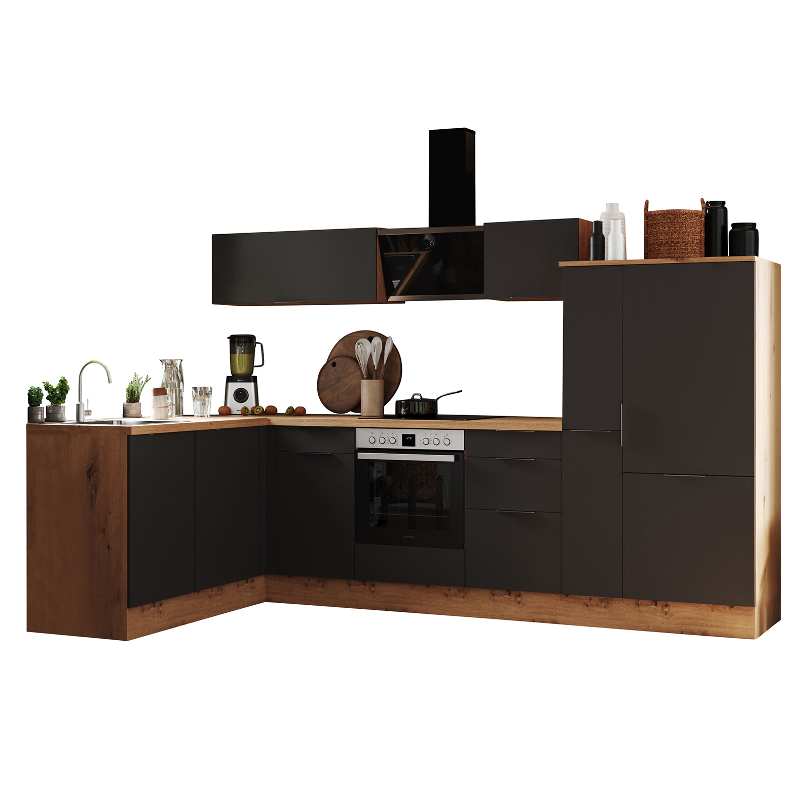 RESPEKTA Winkelküche - grau matt - Artisan Eiche - mit E-Geräten - 310x175 cm