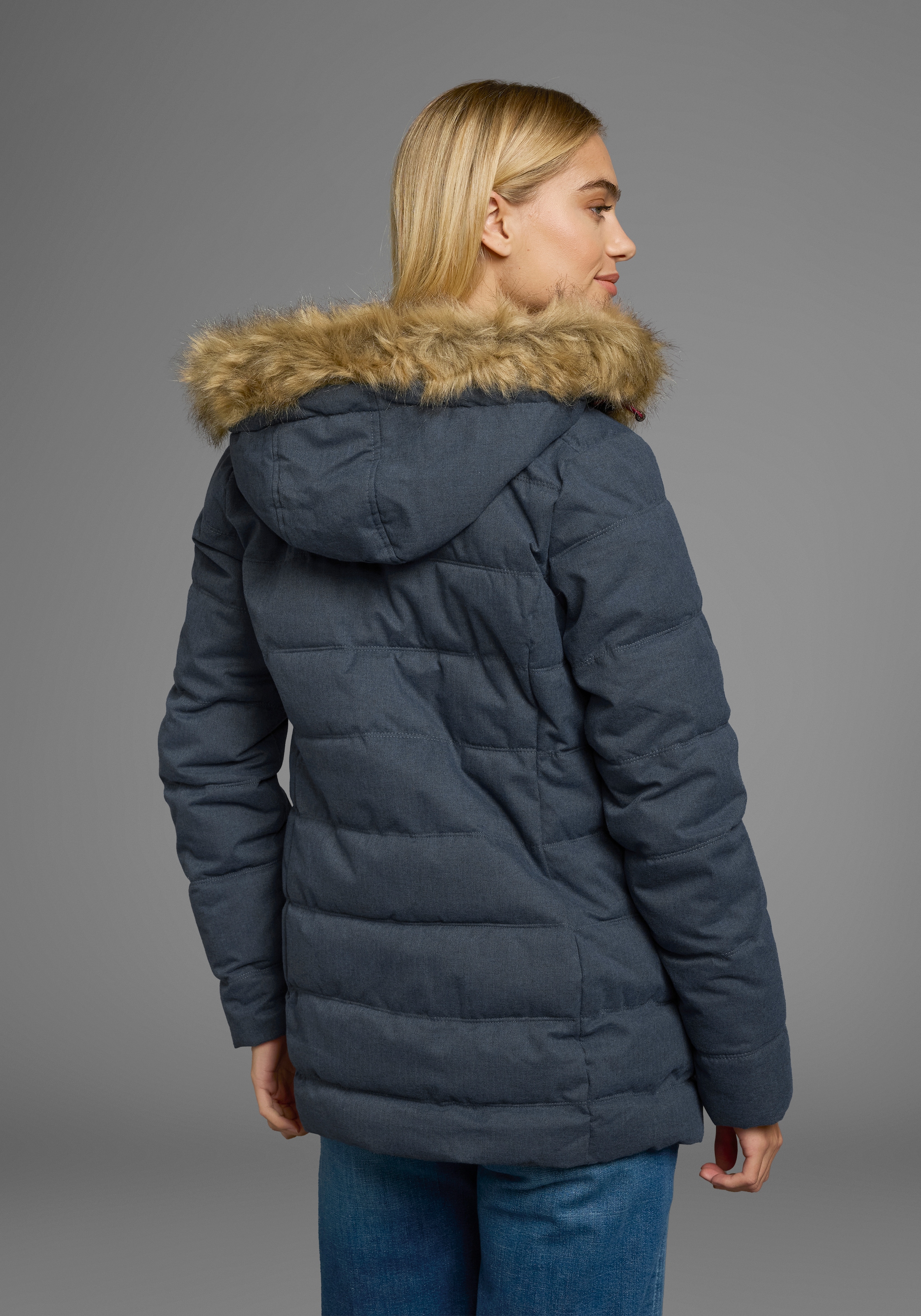 Polarino Steppjacke mitKapuze mit abnehmbarer Kapuze,  mit Fellimitat,  viele Taschen