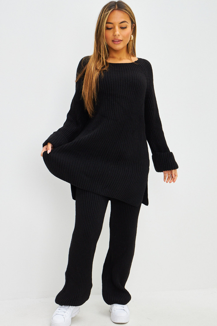 Ensemble 2 pièces pull long + pantalon en grosses mailles noir