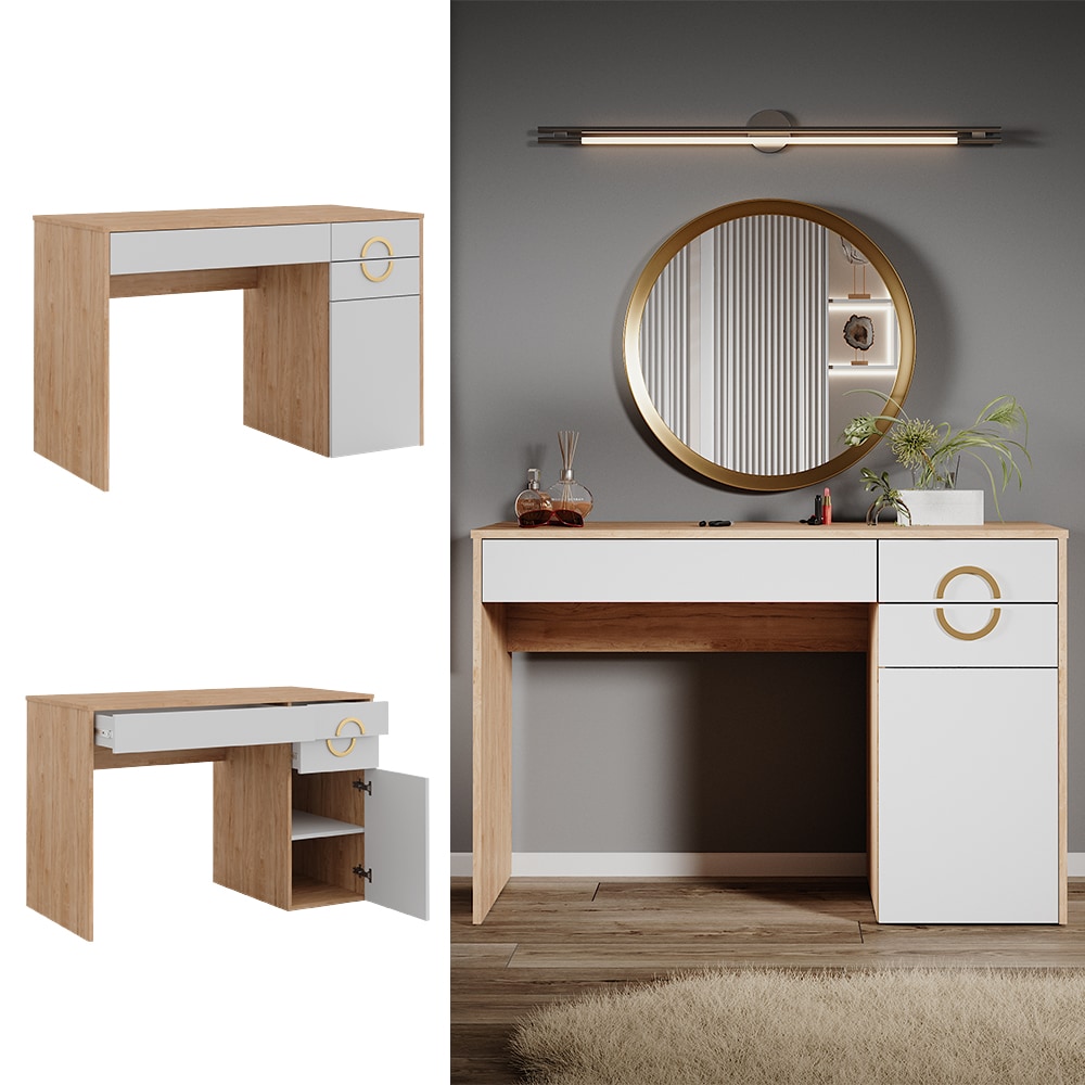 Vicco Schminktisch Adela Natural Rockford Hickory Weiß, 115 x 76 Frisiertisch