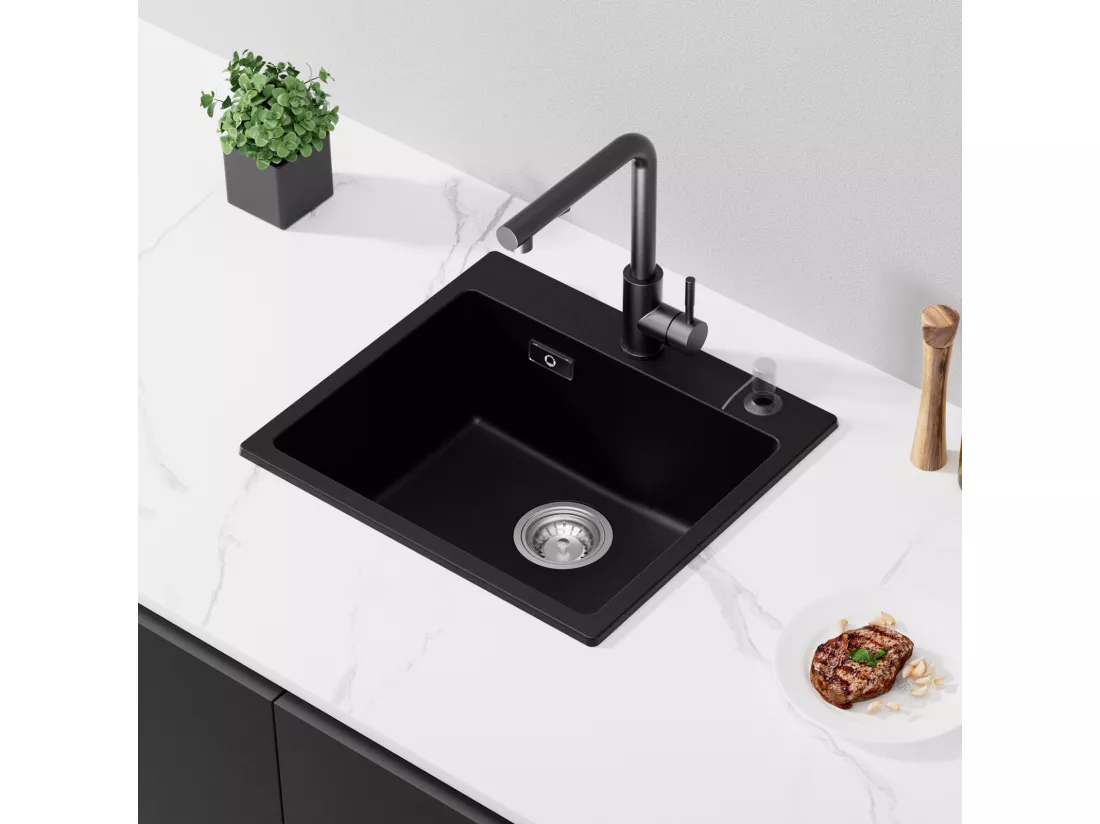 Cecipa MAX Evier 1 Bac 50x45cm Evier en Quartz et Résine Evier à Encastrer + Mitigeur avec Douchette Extractible, Brossé
