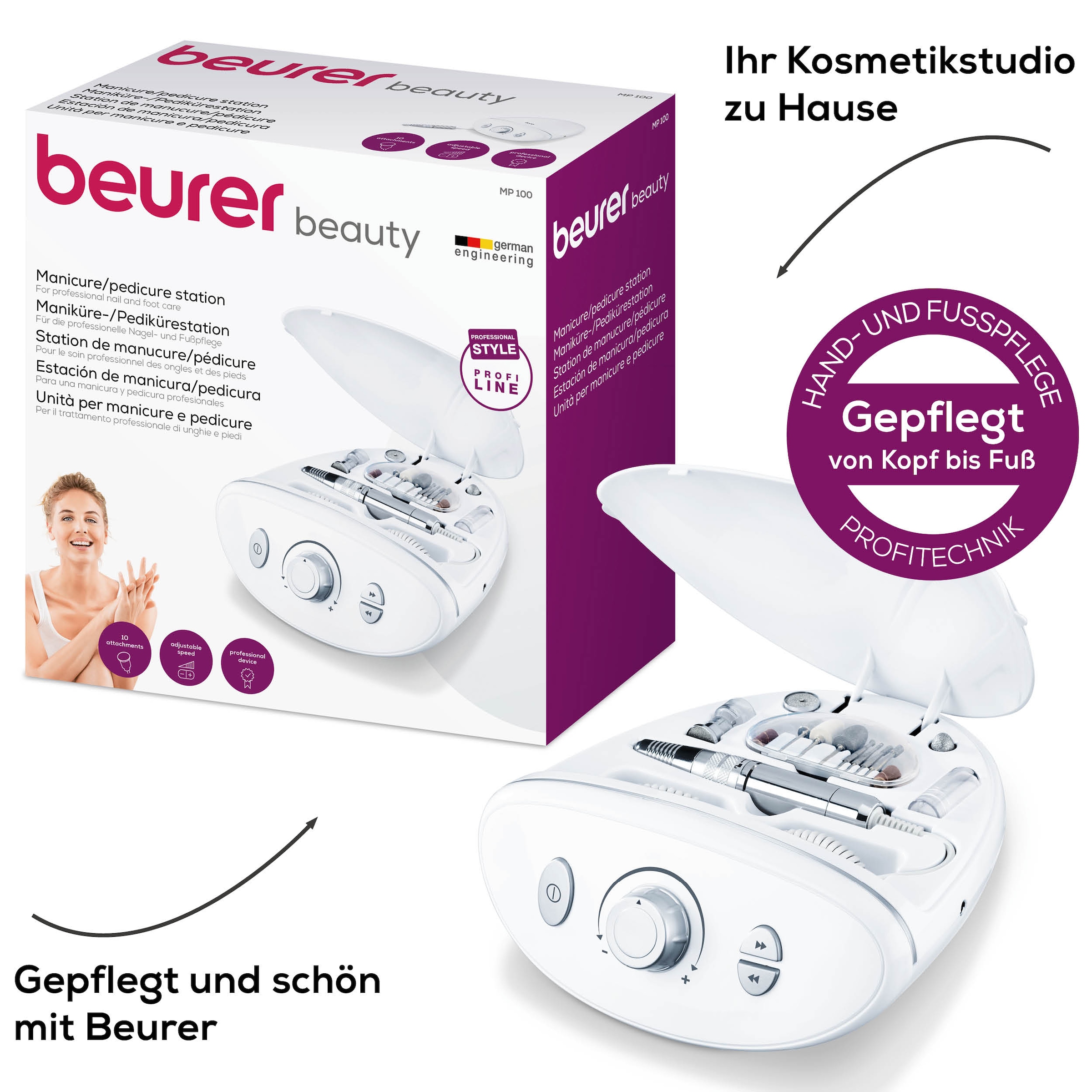BEURER Maniküre-Pediküre-Set »MP 100 Manikürestation, Profistation mit bis zu 20.000 U/min« Mit 10 Aufsätzen, Rechts-/Linkslauf, LED-Licht, leistungsstarker Motor