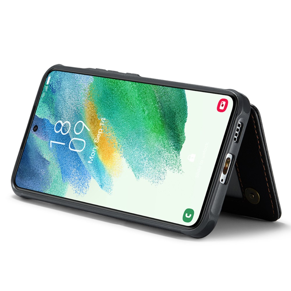 Samsung Galaxy S21 FE 5G Leder Hülle mit Kartenfächern im Litchi Look   Kickstand (RFID Schutz) - Schwarz