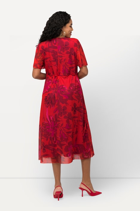 Meshkleid, Blüten, V-Ausschnitt, Halbarm, Maxikleid