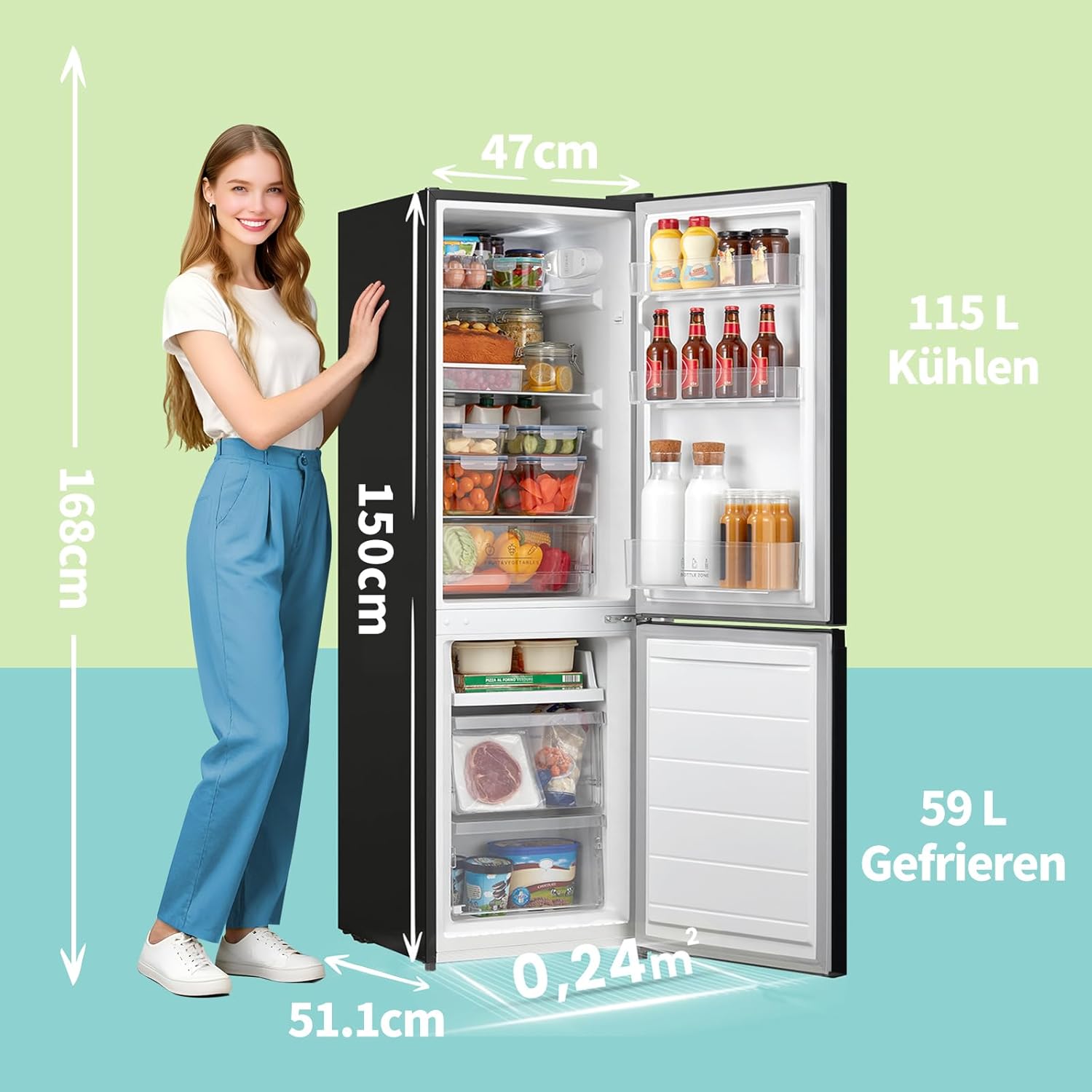 Comfee‘ Kühlschrank mit Gefrierfach RCB169DK3 | 174L Kühl-Gefrierkombination (115L Kühlteil + 59L Gefrierteil), 150 cm Höhe | 156 kWh/Jahr, Low Frost, Leise 38 dB | LED-Licht | Freistehend, Schwarz