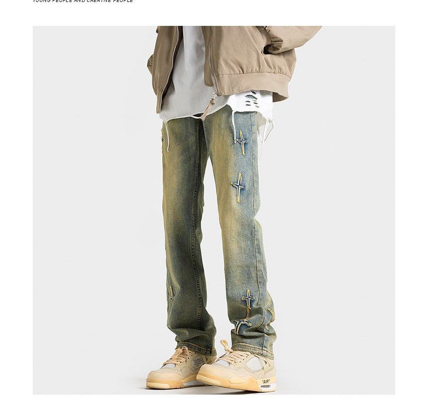 FOEV - Mid Rise Cross Applique Washed Loose Fit Jeans