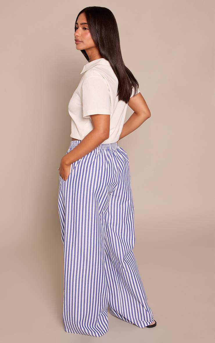 Bleu Pantalon Petite Taille Élastiquée Aspect Lin À Rayures