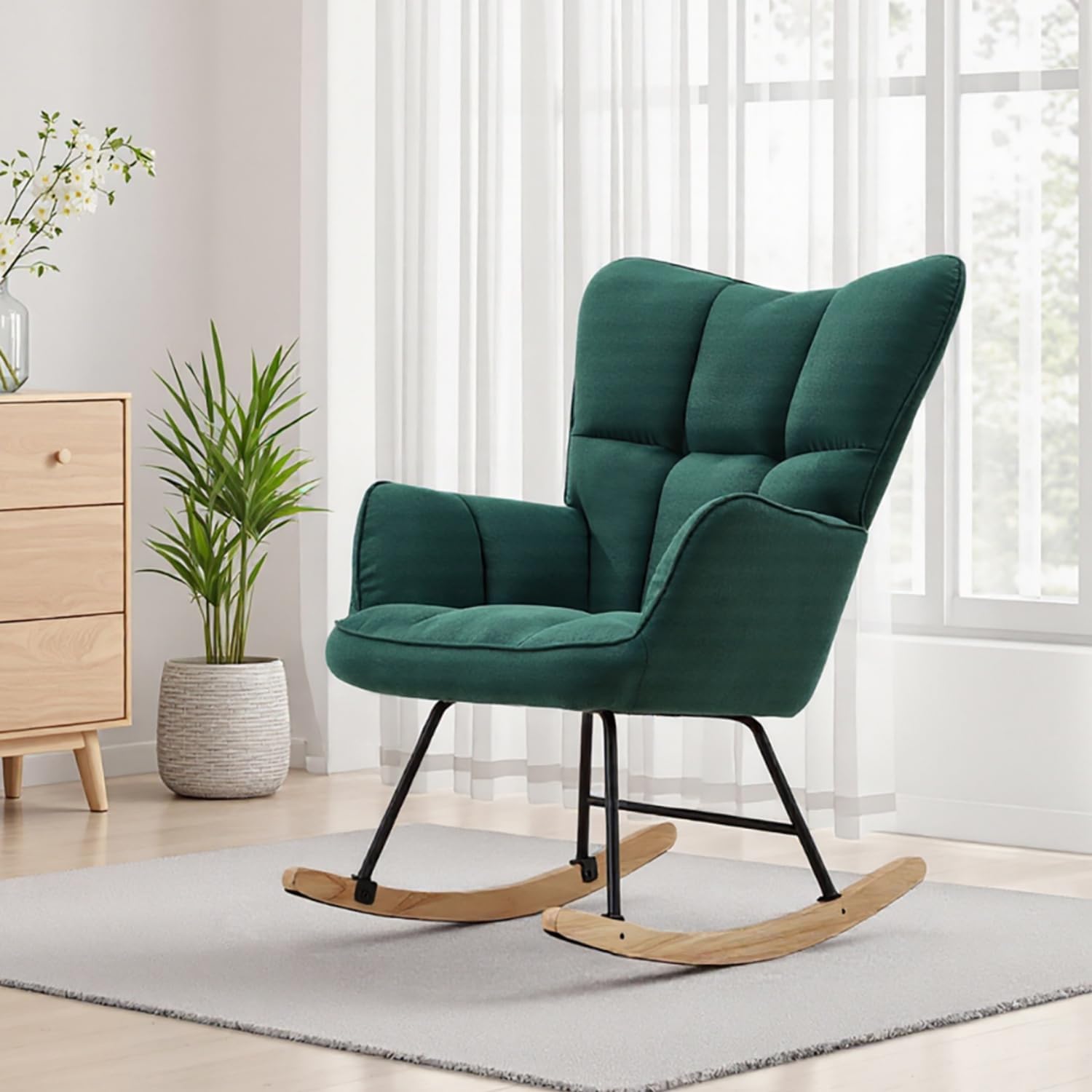 Samt-Schaukelstuhl Grün – Ergonomischer Relaxstuhl Chenille-Samtbezug, gepolsterter Sitz Schwingsessel Holz-Kufen, Metallrahmen, Designer-Schaukelsessel für Wohnzimmer & Schlafzimmer