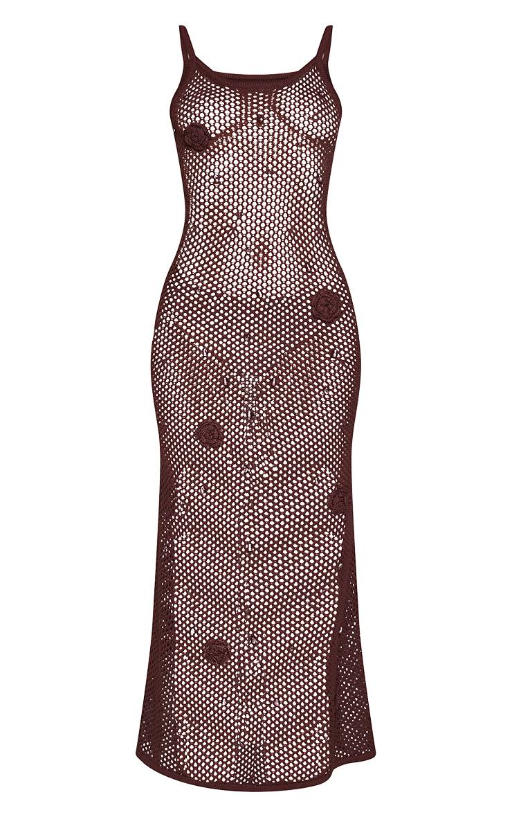 Chocolat Robe Maxi En Crochet Avec Appliqués Floraux Et Finitions Perlées