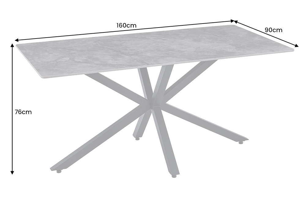Moderner Esstisch GALAXIE 160cm weiß Keramik Marmor-Design glänzend Metallgestell schwarz