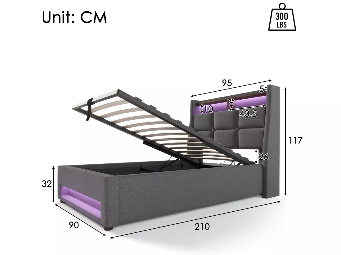 Lit coffre en lin 90x200cm avec LED et ports USB - sommier à lattes - gris