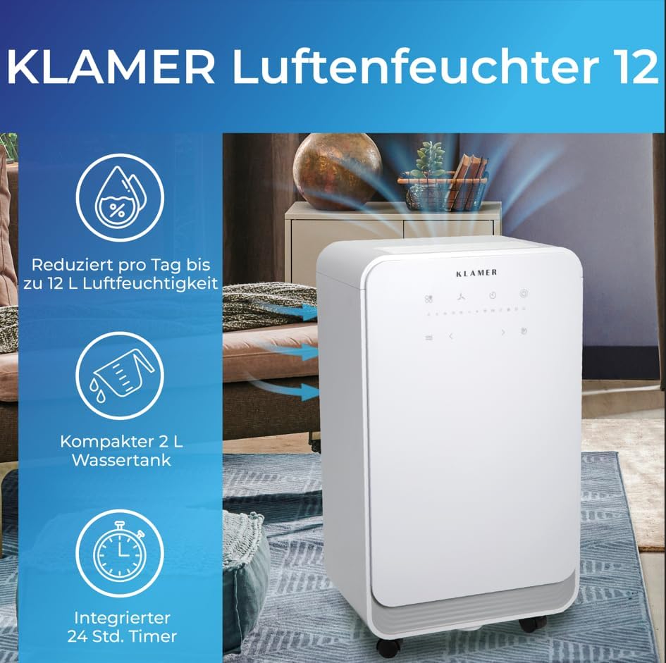 KLAMER Luftentfeuchter elektrisch 12L, 100m³ Luftumwälzung pro Stunde, 280W starker Raumentfeuchter, Entfeuchter mit bis zu 2 Liter Fassungsvermögen