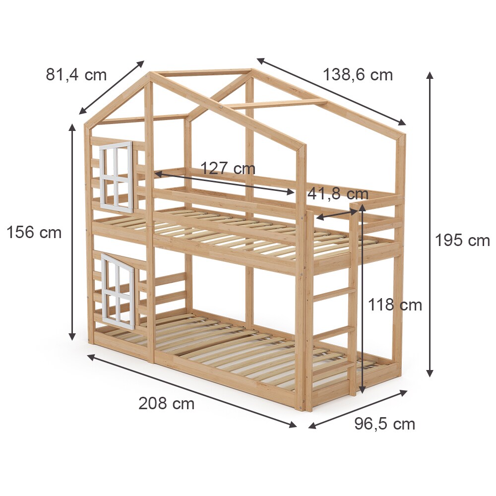 Vitalispa Doppelstockbett Maja 200 x 90 cm Natur mit Leiter, Etagenbett, 2 Kinder, Matratze