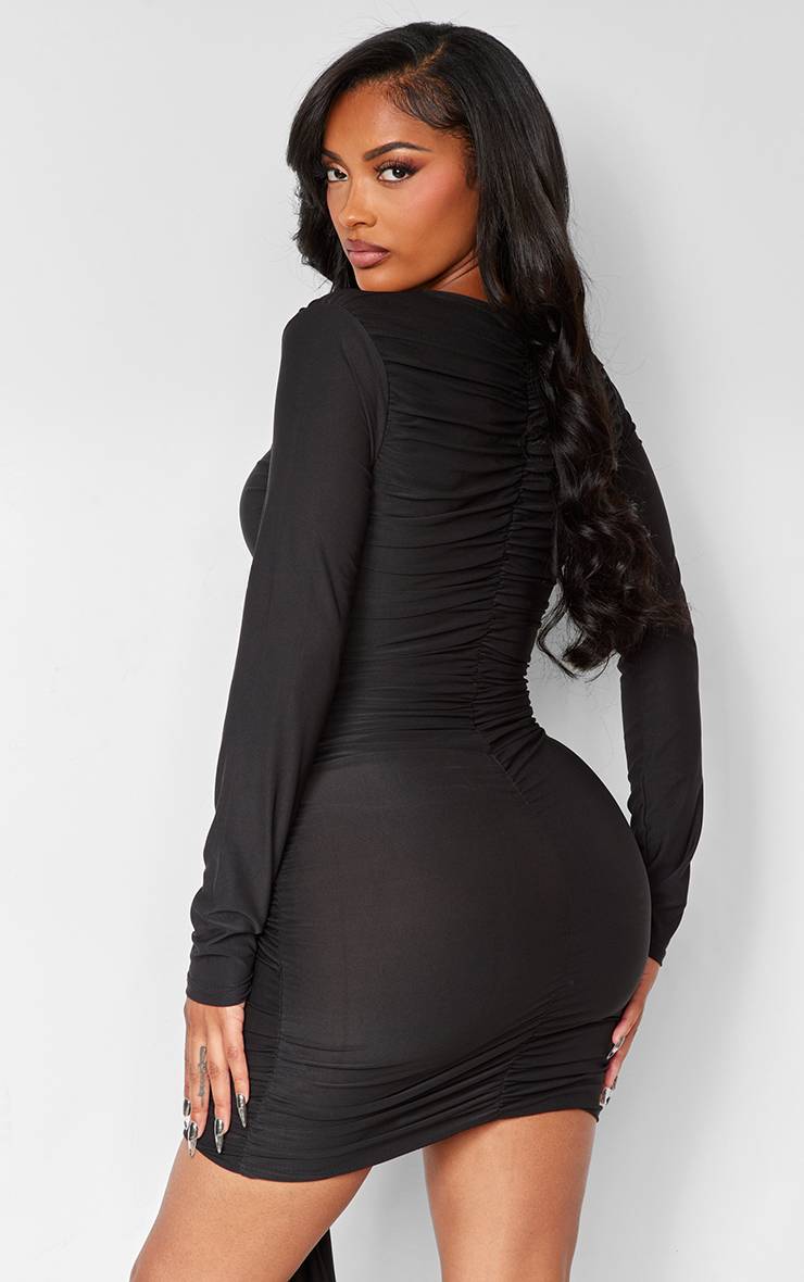 Noir Robe Moulante À Manches Longues Avec Détails Froncés Shape Slinky