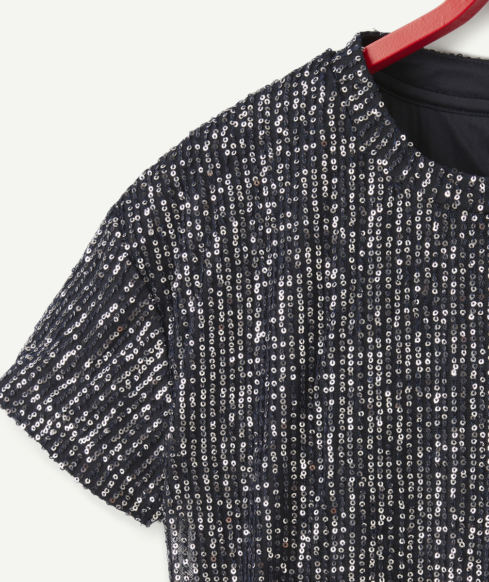 ROBE COURTE FILLE BLEU MARINE À PAILLETTES COULEUR ARGENTÉES