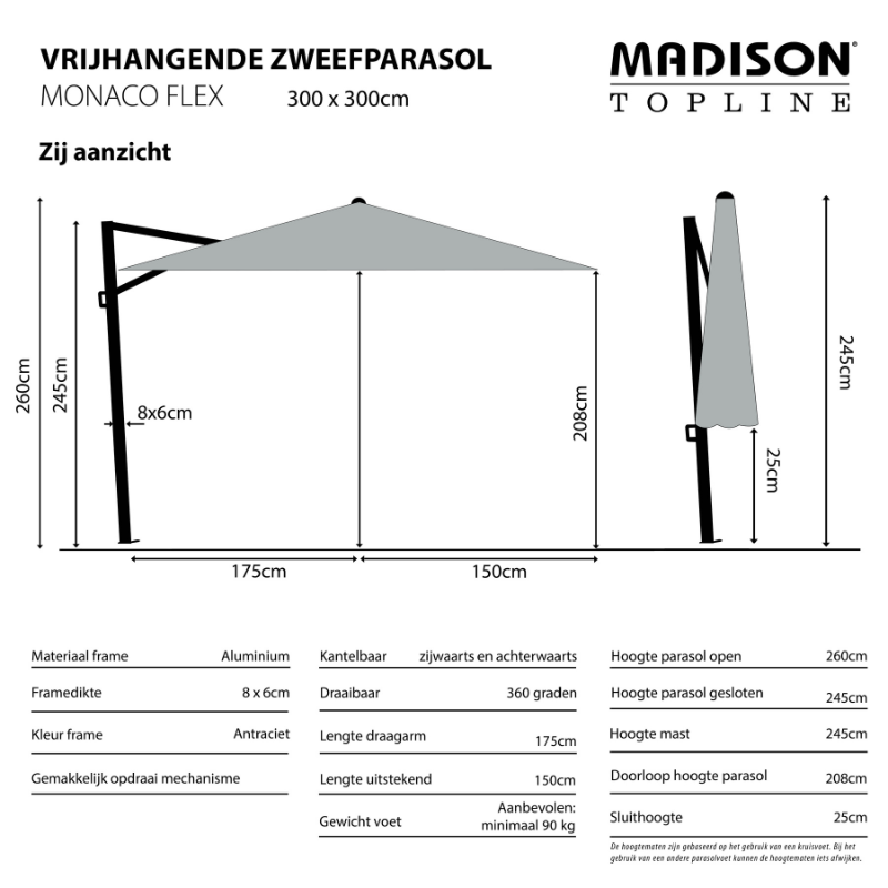 Madison Parasol monaco flex III grey + voet + hoes