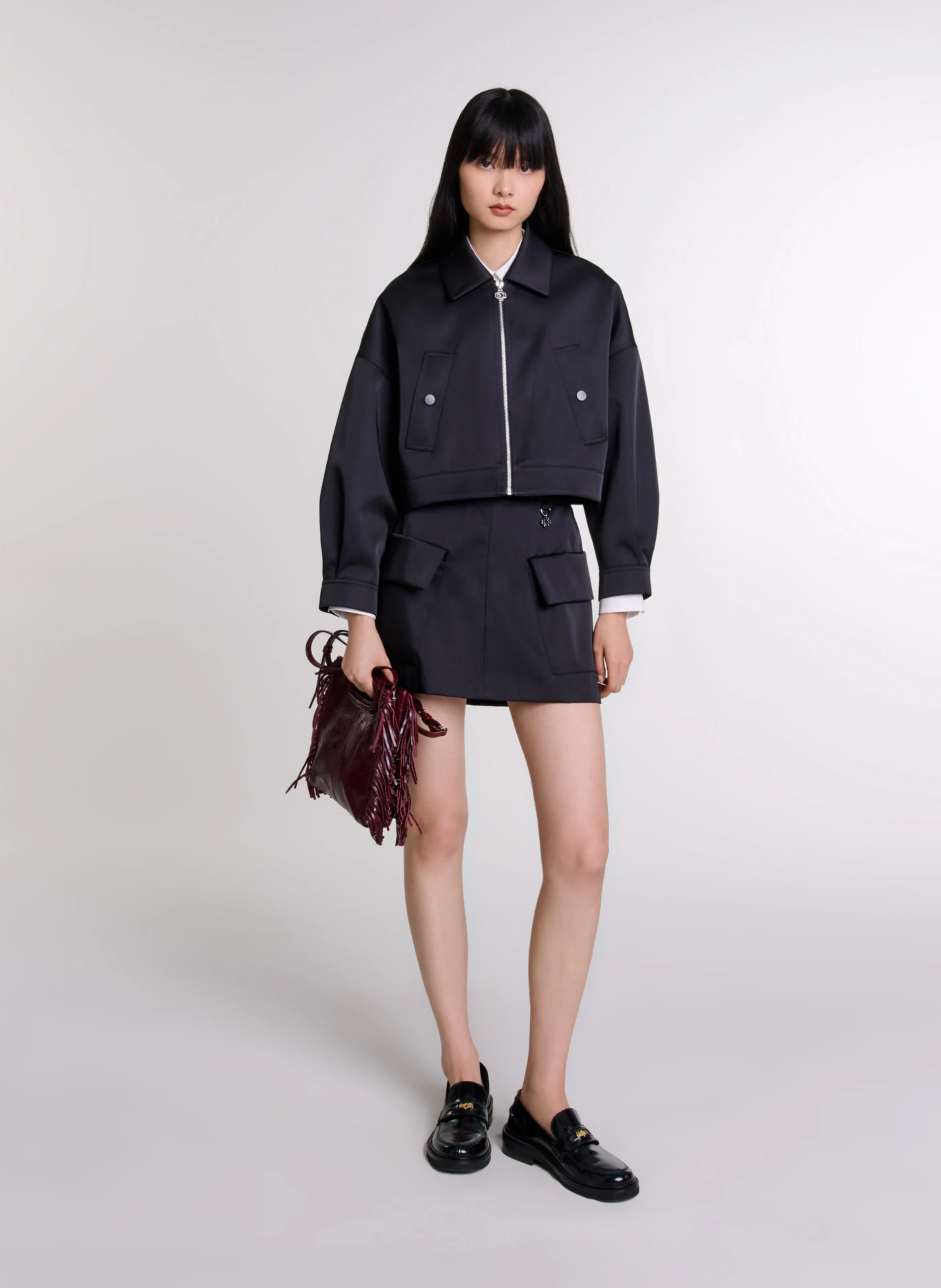 Blouson col classique ample en satin | Noir