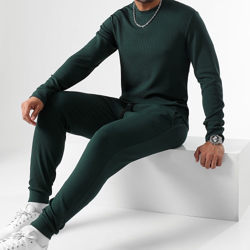Ensemble Sweat Crewneck Et Pantalon Waffle 0660 Vert Bouteille