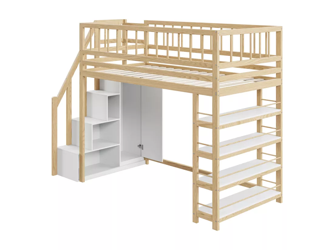 Lit mezzanine 90x200 cm - avec étagères et échelle de rangement - en bois massif - Naturel