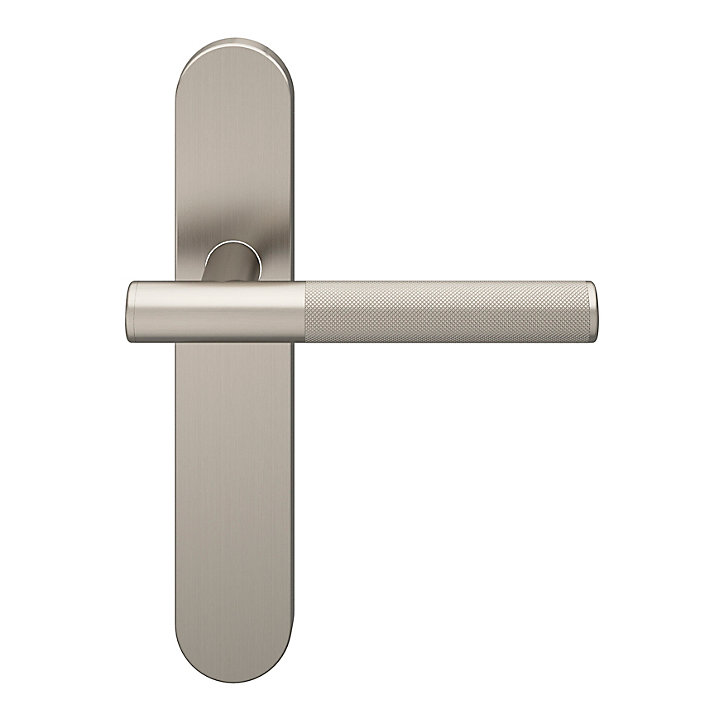 Ensemble poignée sur plaque rond GoodHome Irus effet nickel satin gris L.150mm x l.42mm entraxe 165-195mm