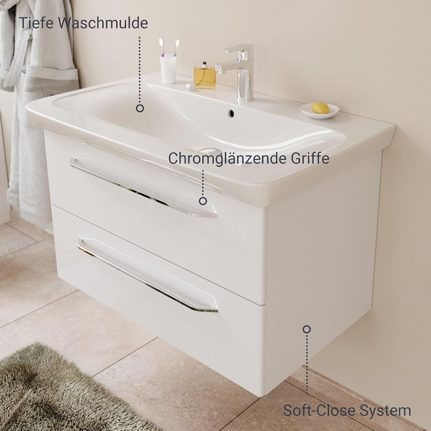 BadeDu NES Badmöbel Set 88cm, Weiß, 2-teilig – Modernes Möbel-Set mit Waschbecken und Unterschrank, Hochglanz Weiß, 2 Schubladen mit Soft-Close System – Made in Germany