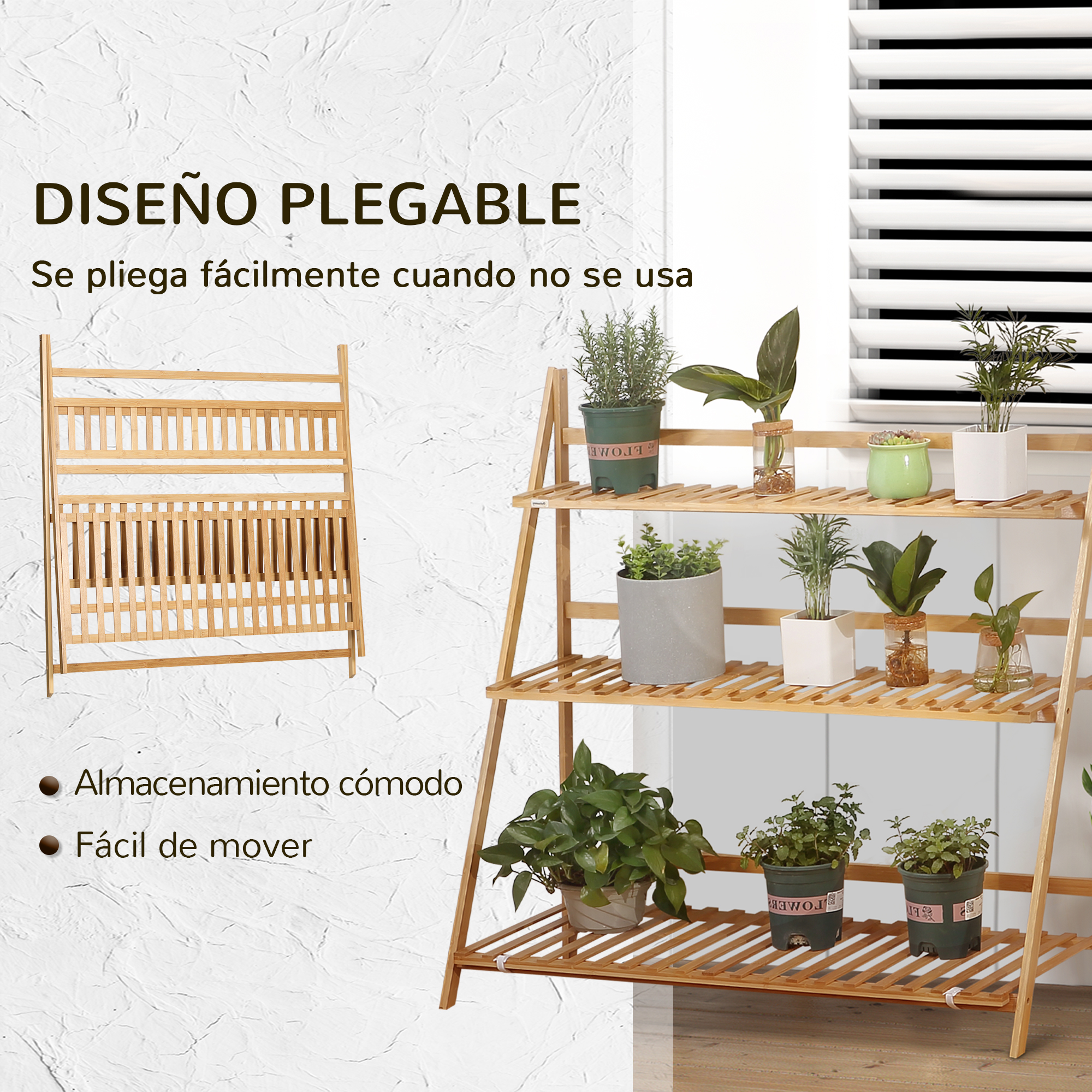 Suporte de bambu para plantas Outsunny com 3 níveis, dobrável, para uso interno e externo, 98 x 37 x 96,5 cm, natural.