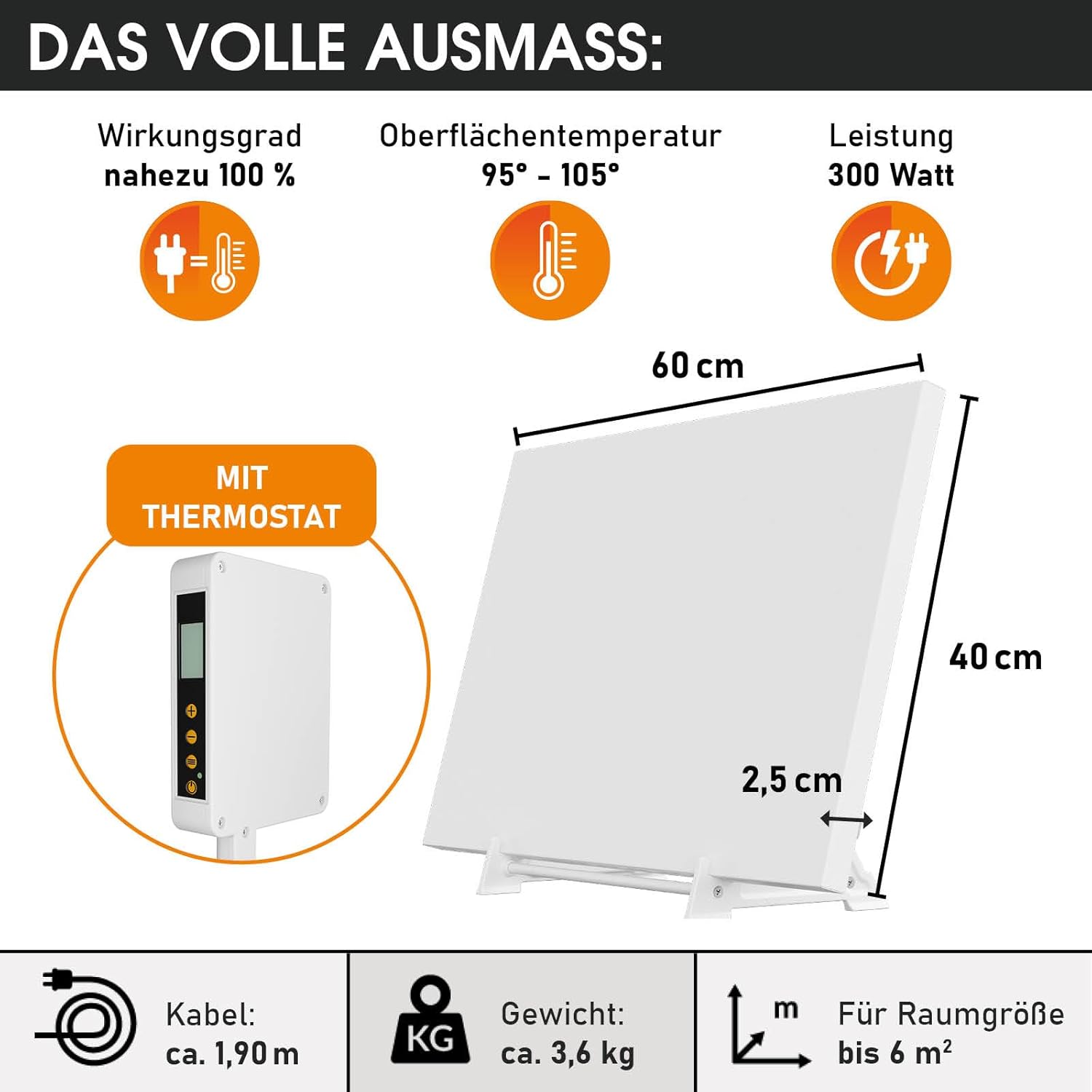 BRAST® Infrarotheizung mit Thermostat | 300-1100 Watt | Made in Europe | Inkl. Wandhalterung Standsystem + Griff | hoher Wirkungsgrad | Flexibler Einsatz | Ultraflache Bauweise | IP-TH 300