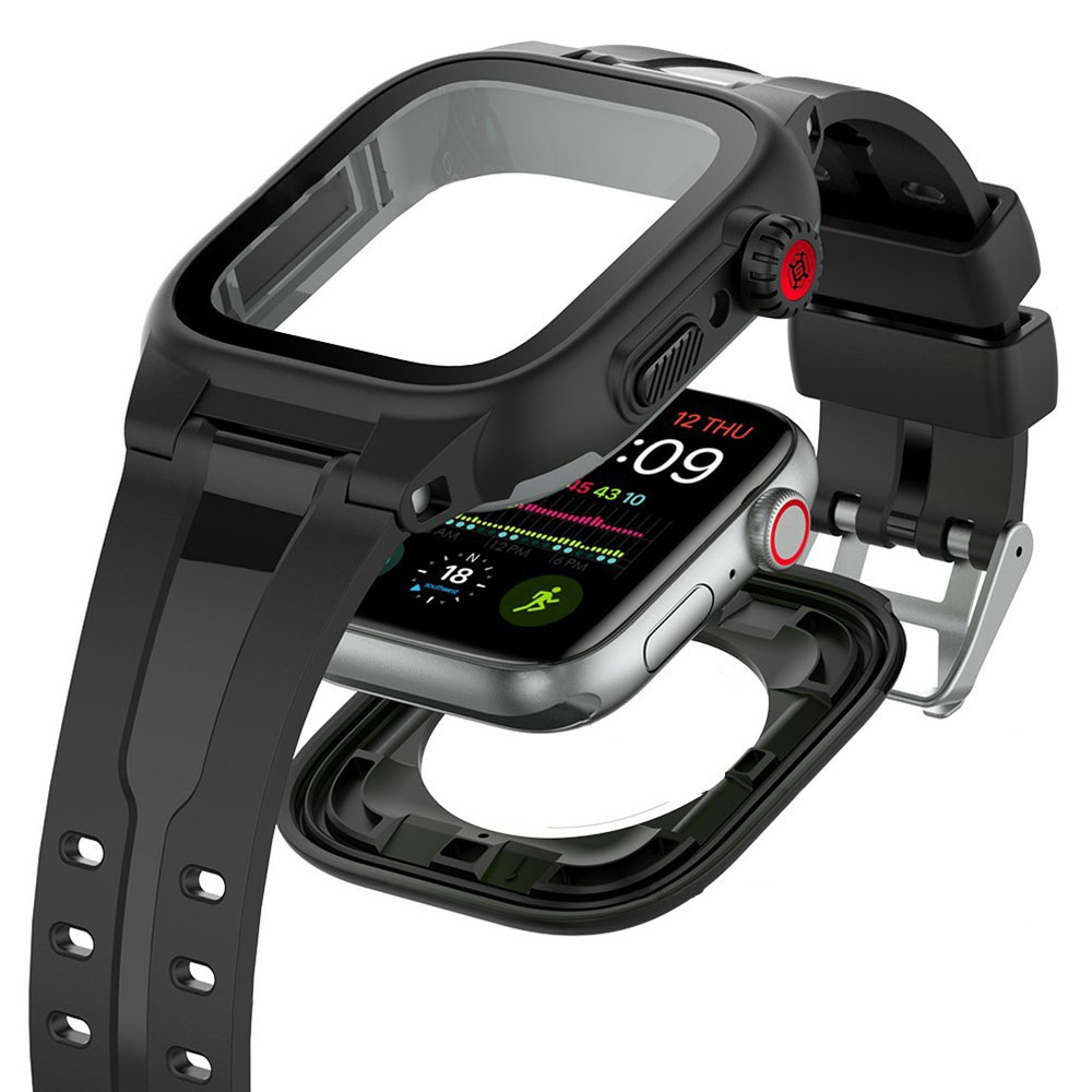 3in1 Apple Watch (44 mm) Wasserfestes Silikon Armband mit Bumper Case   Display Schutz (Gelenkumfang 170-250mm) - Schwarz