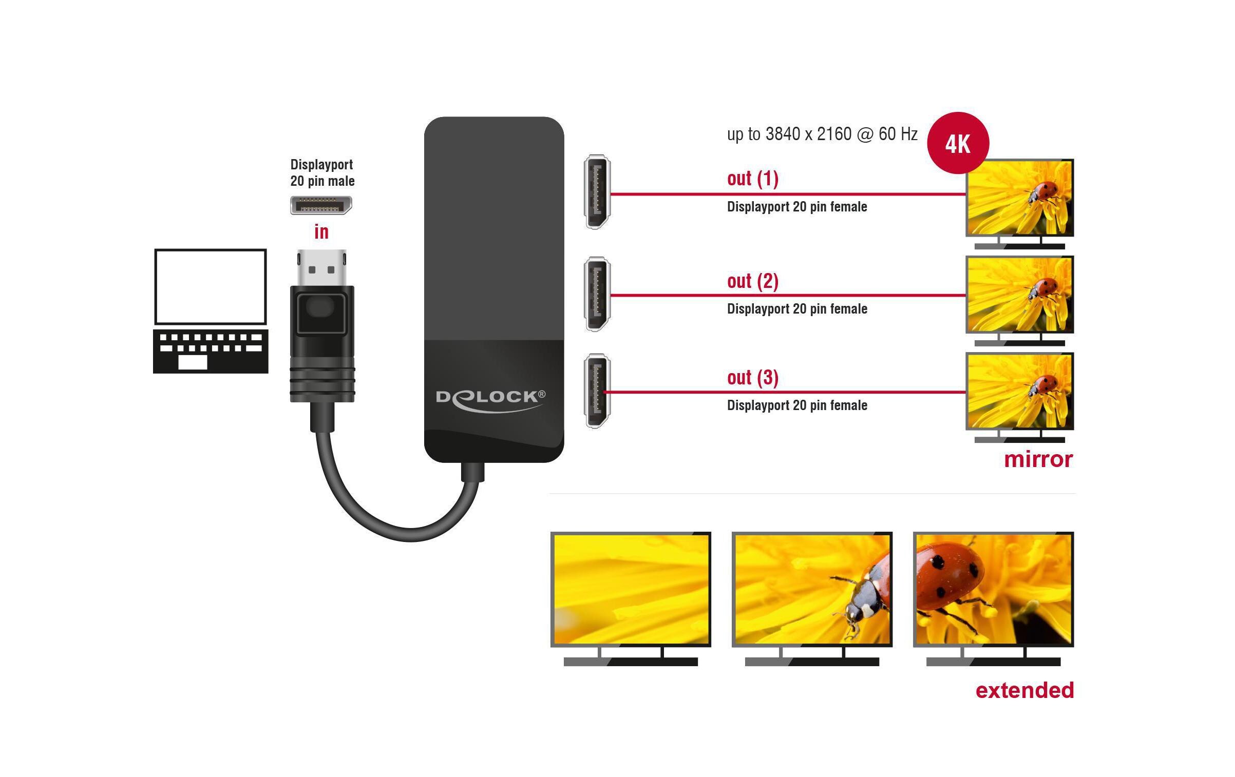 3-Port Signalsplitter Displayport, 4K/60Hz unterstützt MSTDelock DisplayPort 1.4 Splitter 1 x DisplayPort in > 3 x DisplayPort out
