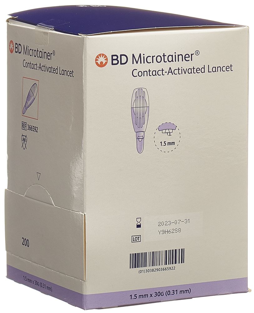 BECTON DICKINSON kontaktaktivierte Lanzette für die Kapillarblutentnahme<br>200 Stück, 30Gx1.5mm, lila