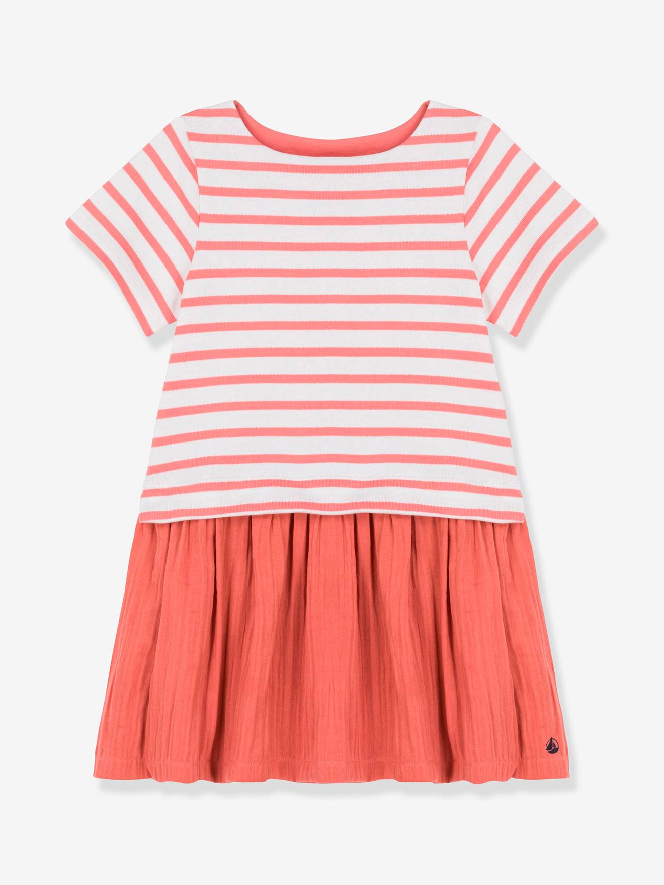 Vestido curto PETIT BATEAU em malha de algodão orgânico listrada vermelho claro e chiffon, com mangas curtas.