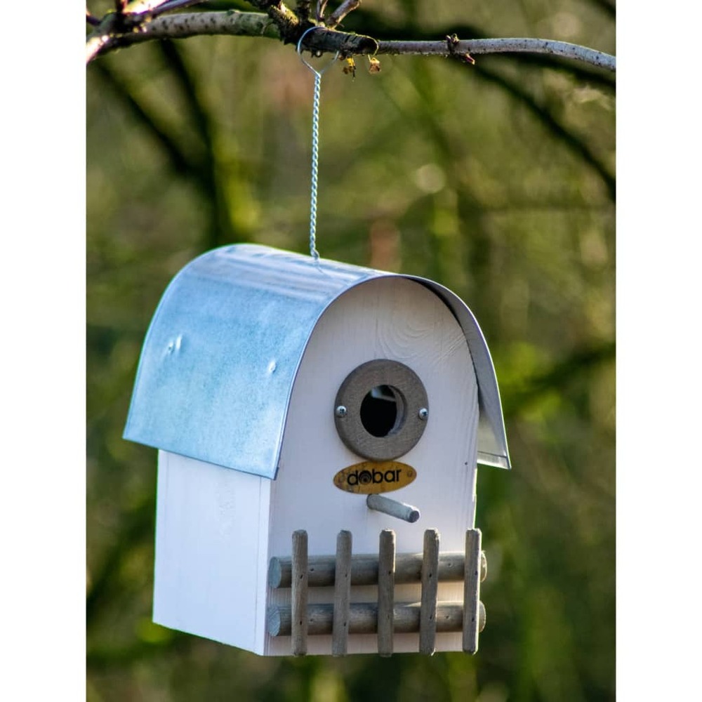 Nichoir à oiseaux ivory avec toit arrondi en zinc blanc/argenté