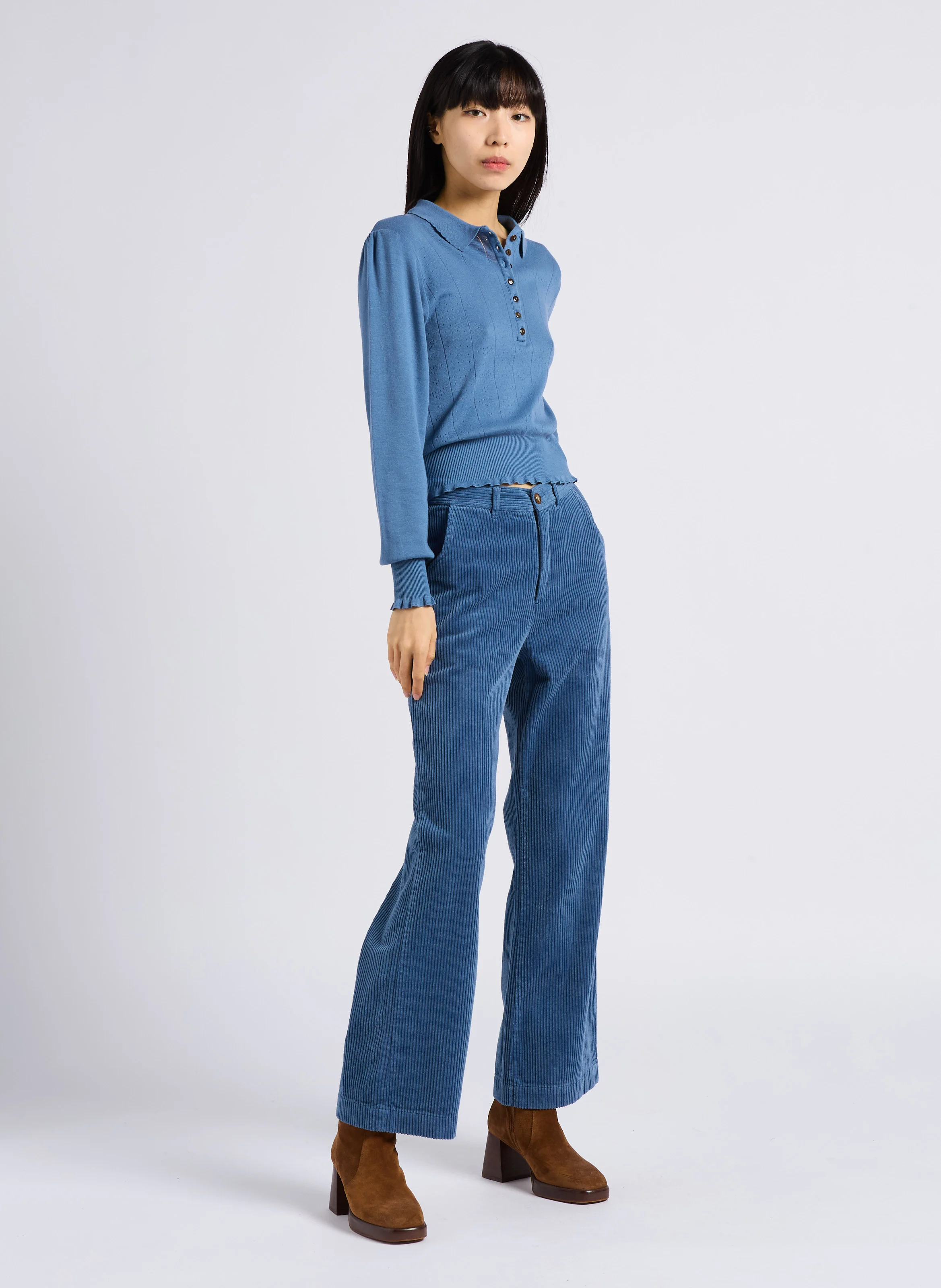 ANNETTE - Tee-shirt pointelle en coton mélangé | Bleu