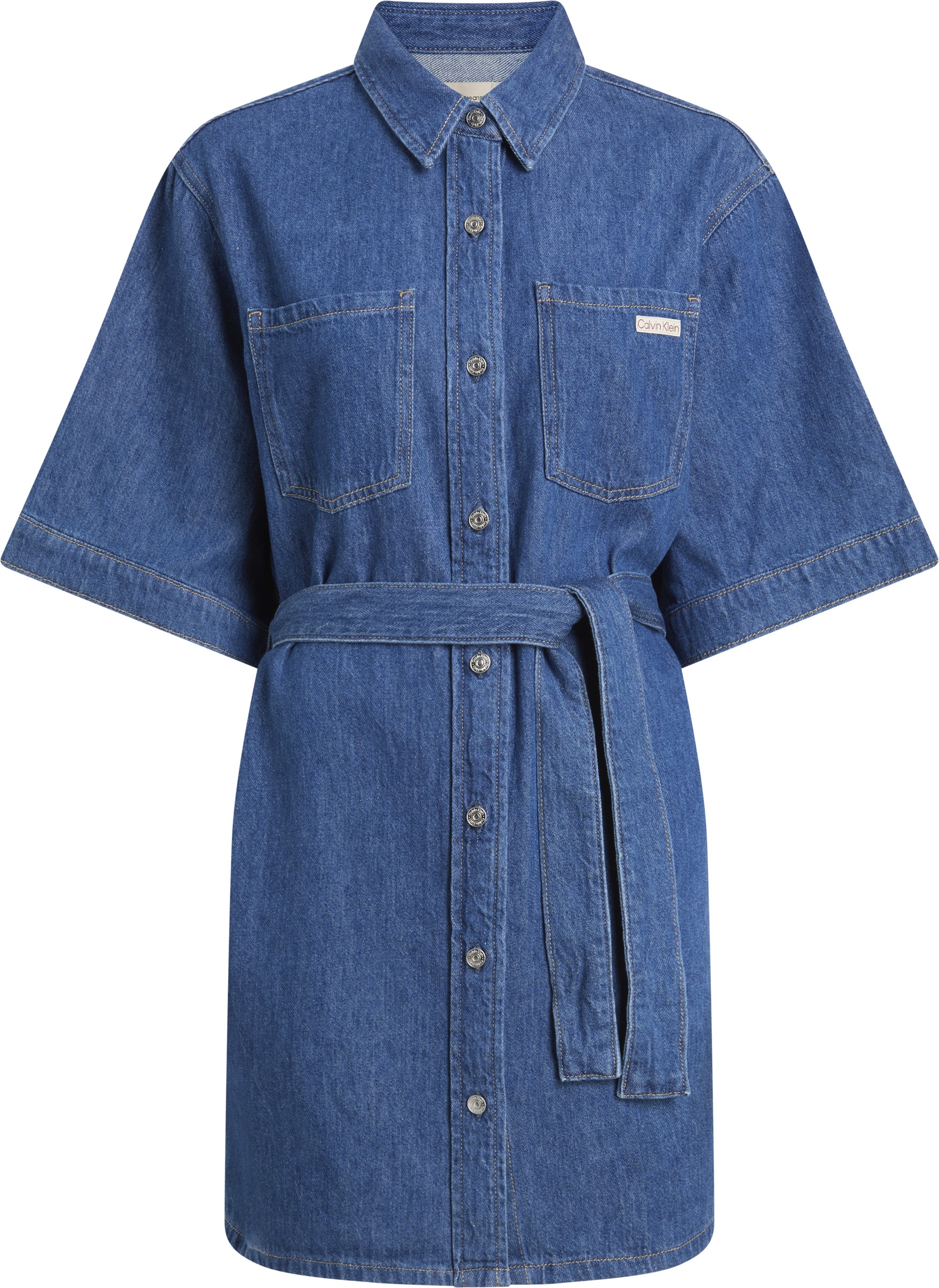 Calvin Klein Jeans Jeanskleid »LINEN BOXY BELTED SHIRT DRESS« Brusttaschen mit Kimonoärmeln