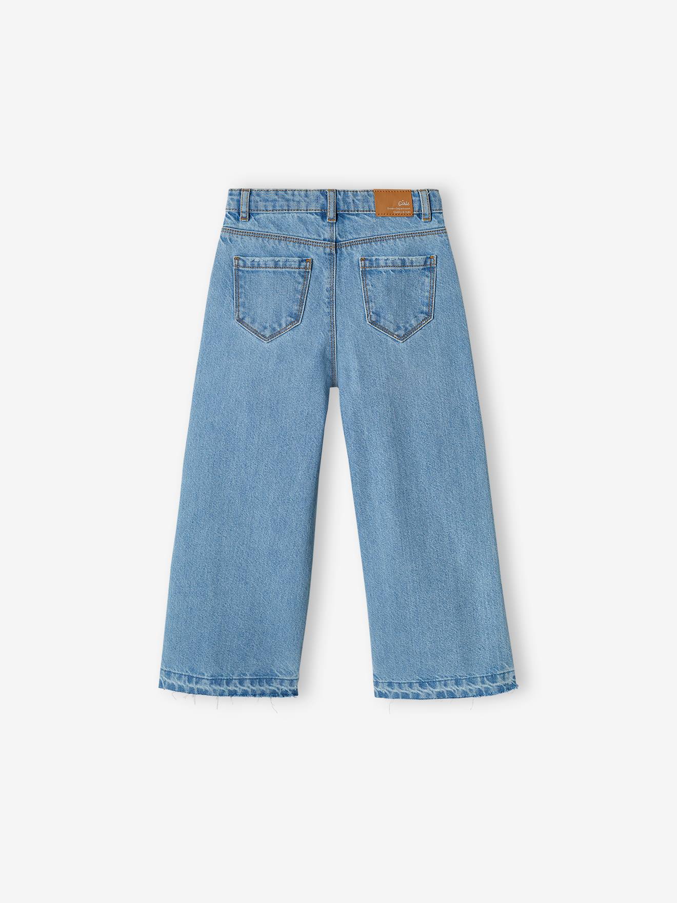 Calça jeans de perna larga com barra desfiada para meninas, jeans azul