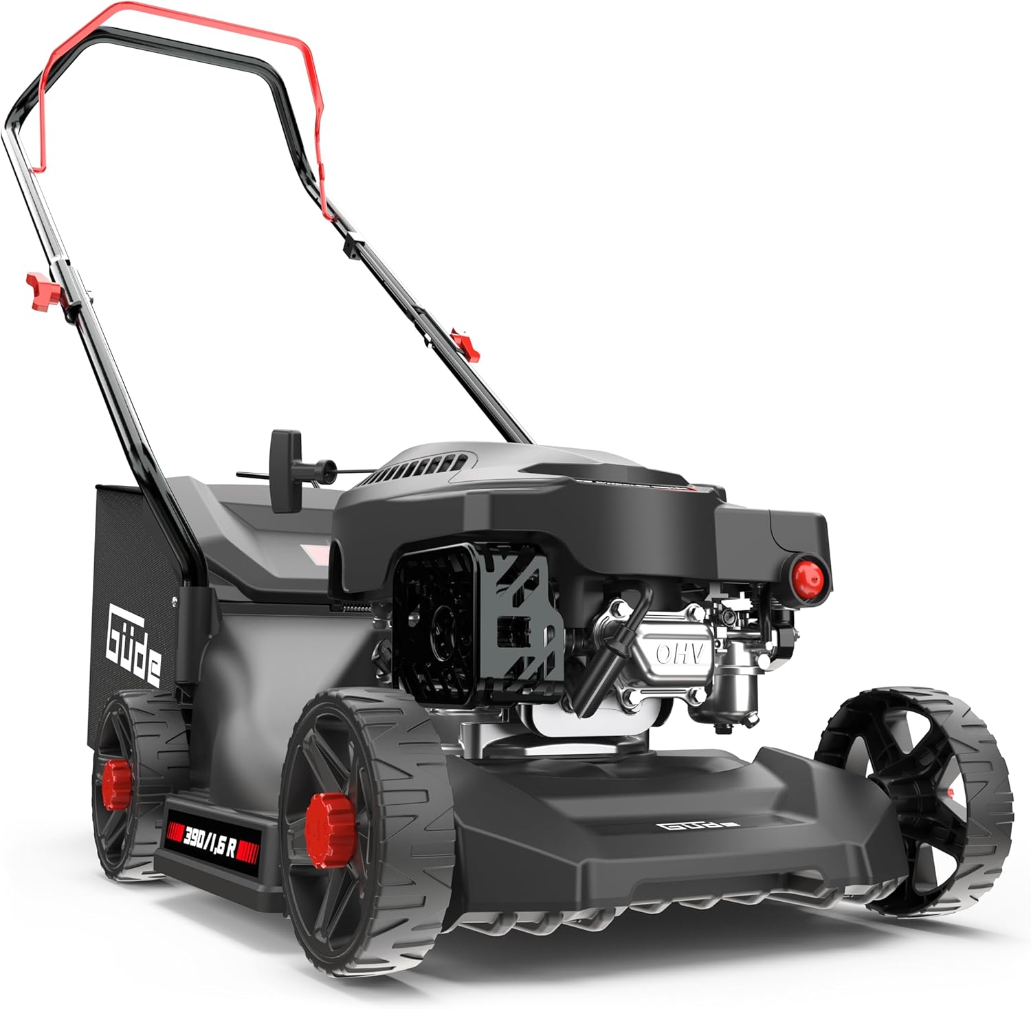 Güde Rasenmäher ECO Wheeler 390 1,6 R (4-Takt Benzinmotor 1,6/2 (kW/PS), Schnittbreite 390 mm, Fangeinrichtung 35 l, 3-fache Schnitthöhenverstellung 30-66 mm, Mähen, Sammeln, Heckauswurf)