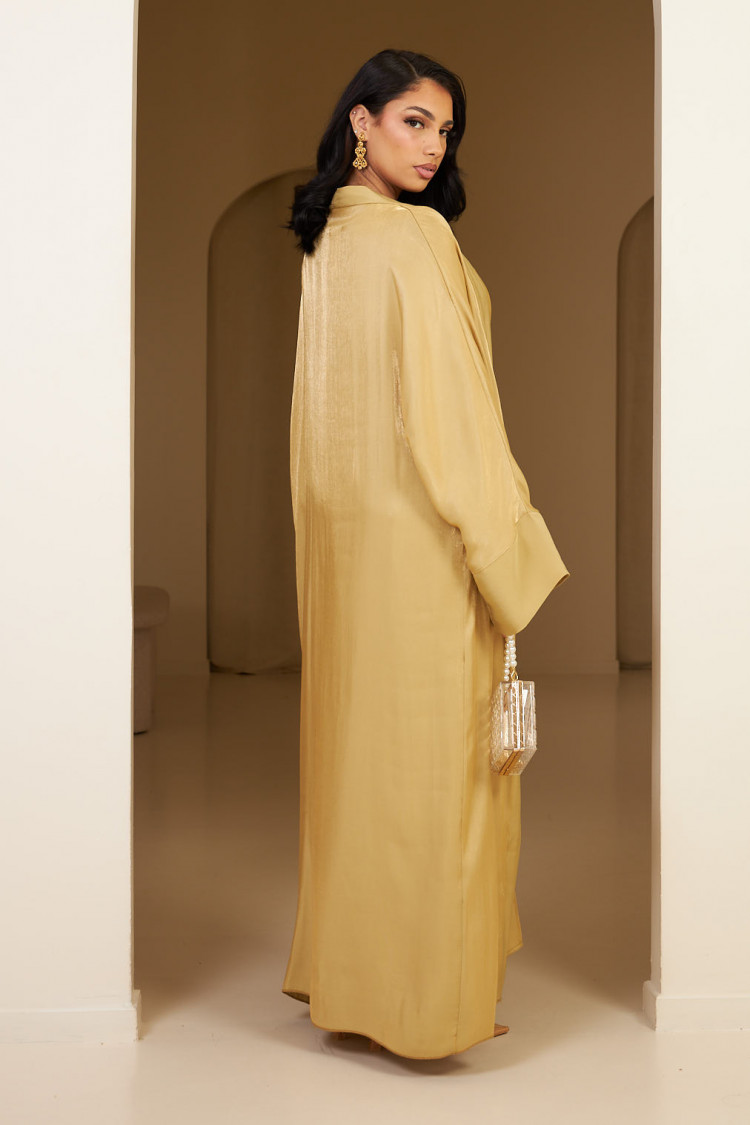 Ensemble 2 pièces abaya + gilet jaune satinée