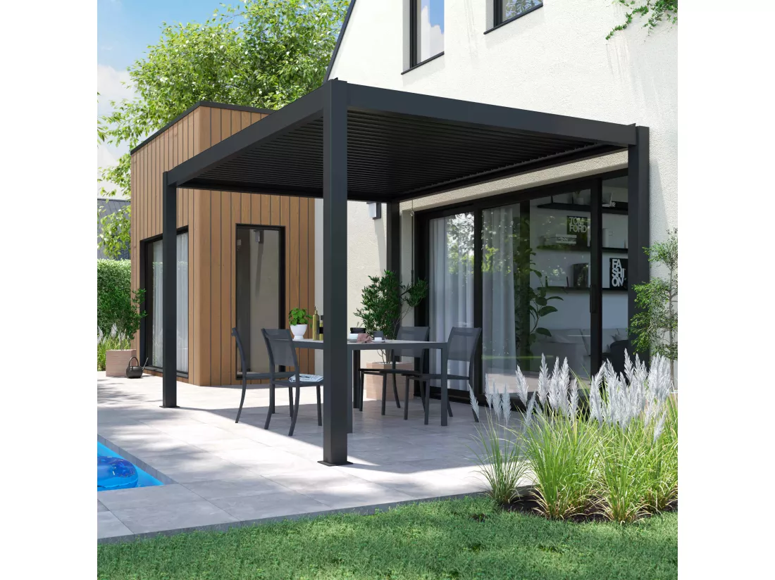 Pergola bioclimatique 3x4m autoportée avec 1 store 3,73 x 2,34 m