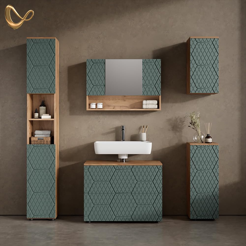 Livinity Badmöbel-Set Ronco, Grün/Goldkraft Eiche, 5 Teile
