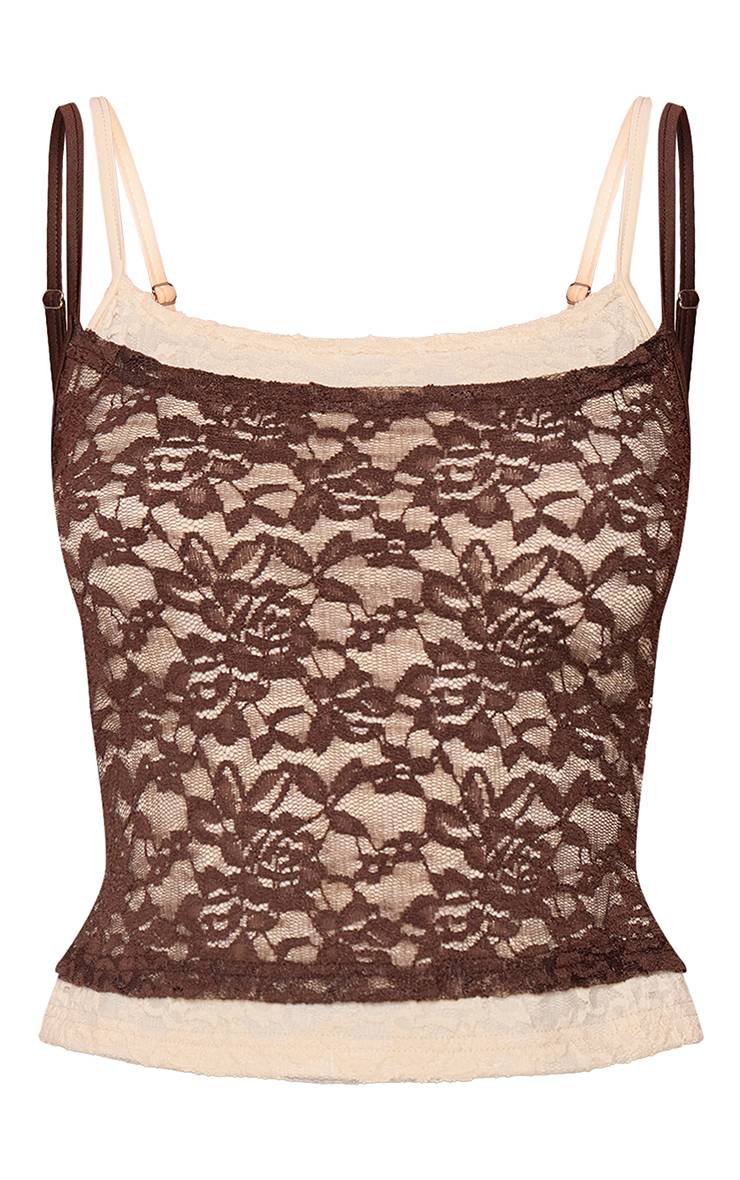 Chocolat Top Caraco Petite En Dentelle Double Épaisseur Contrastée